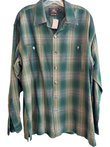 Men's RRL Green Tan Cotton Size M Button Down